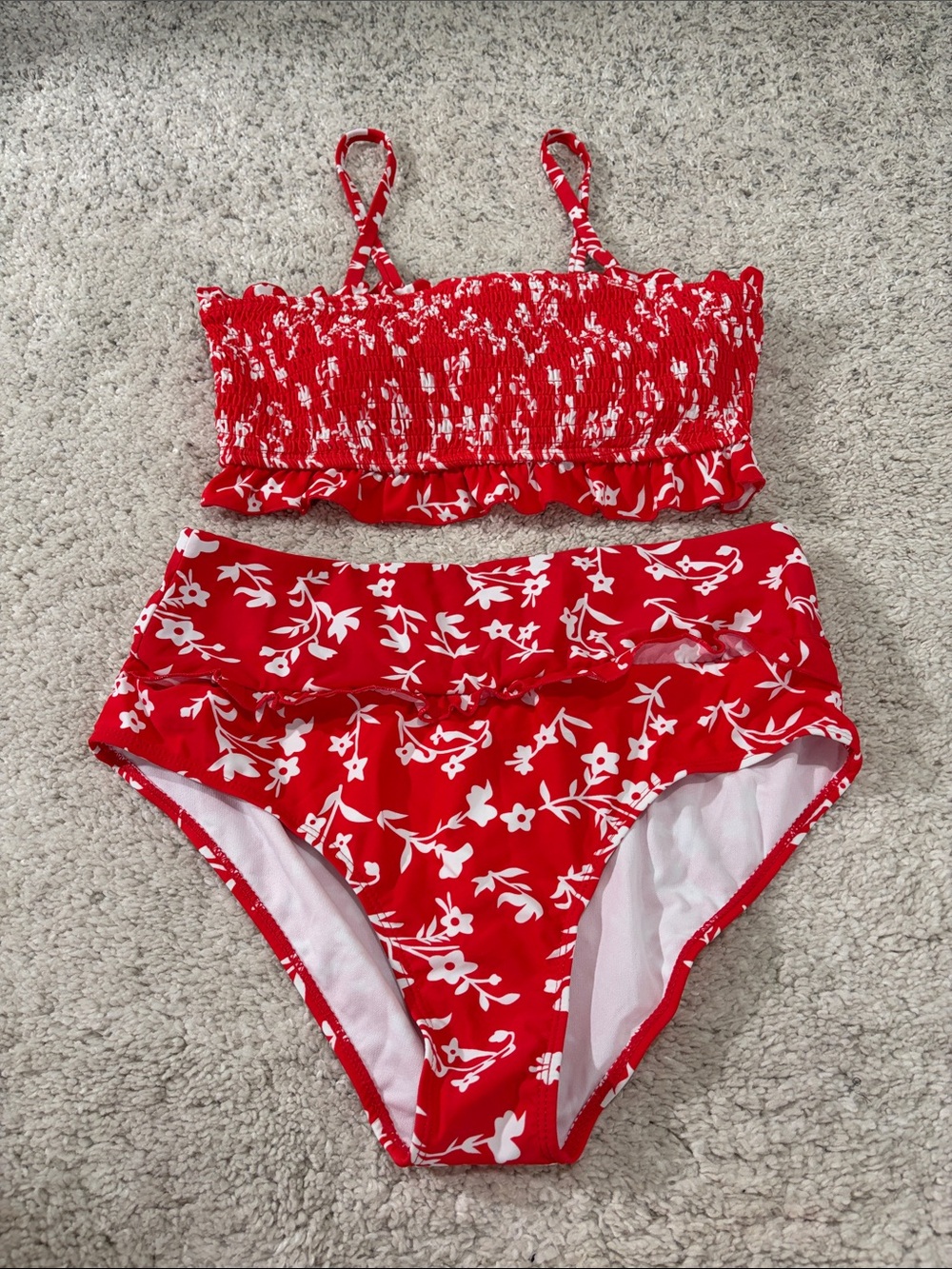 Women’s Red Floral Two-Piece Swim Set - Smocked Top & High Waist Bottoms Size L